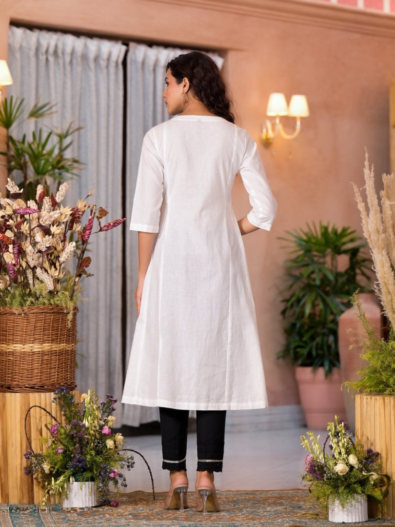 Juniper Women's White Thread Embroidered Cotton Kurta Set With Button Closure - Distacart