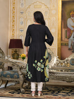 Thumbnail for Juniper Women's Black Floral Printed Liva Rayon Kurta With Buttons - Distacart