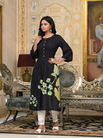 Thumbnail for Juniper Women's Black Floral Printed Liva Rayon Kurta With Buttons - Distacart