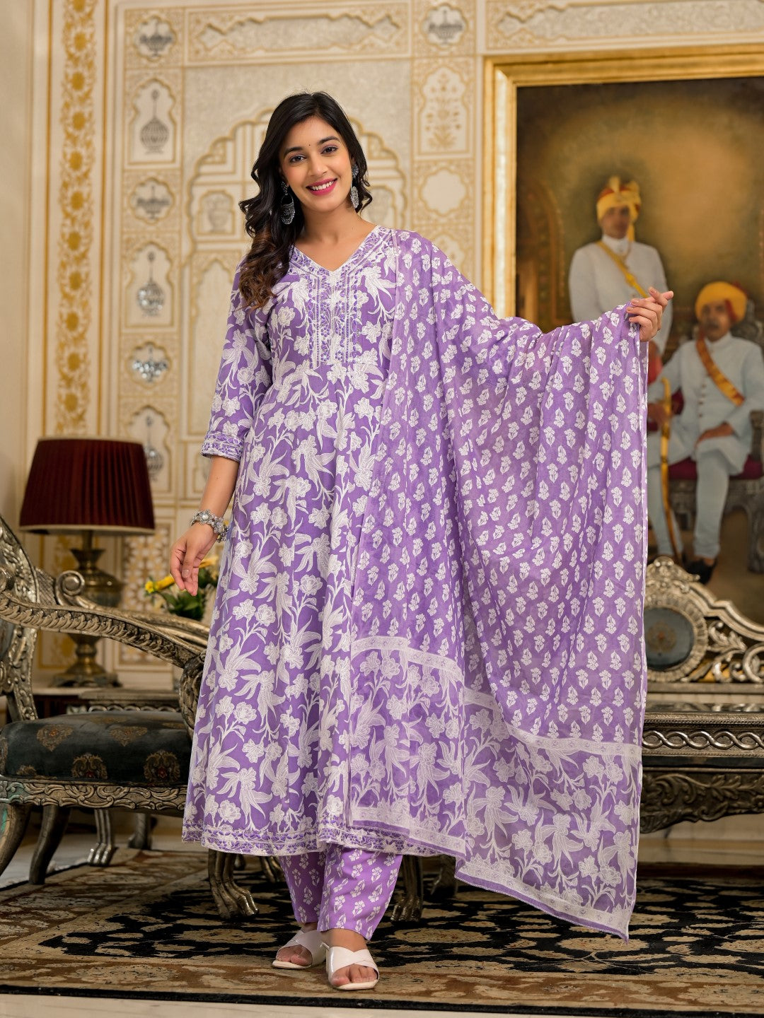 Juniper Women's Lavender Floral Printed Rayon Kurta, Pant And Dupatta Set With Thread & Sequins Work