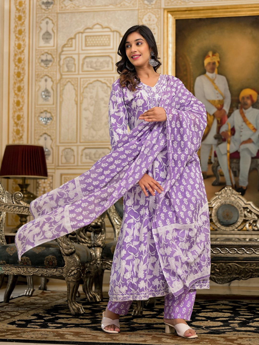 Juniper Women's Lavender Floral Printed Rayon Kurta, Pant And Dupatta Set With Thread & Sequins Work