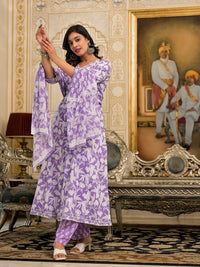 Thumbnail for Juniper Women's Lavender Floral Printed Rayon Kurta, Pant And Dupatta Set With Thread & Sequins Work