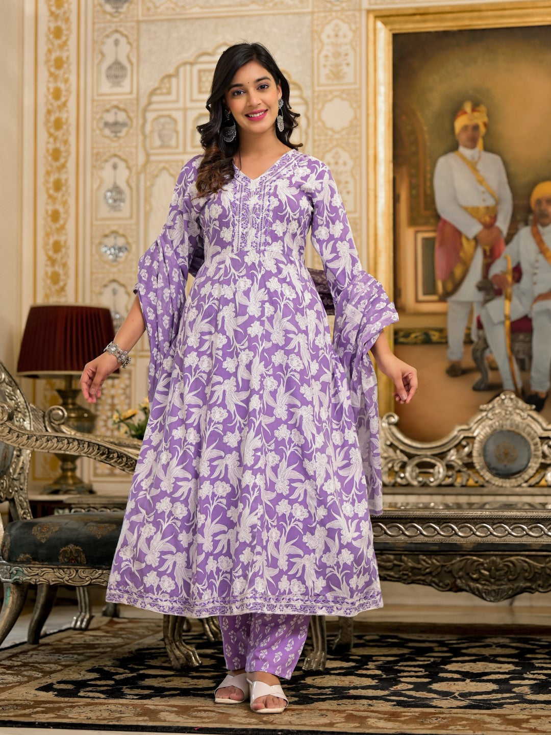 Juniper Women's Lavender Floral Printed Rayon Kurta, Pant And Dupatta Set With Thread & Sequins Work