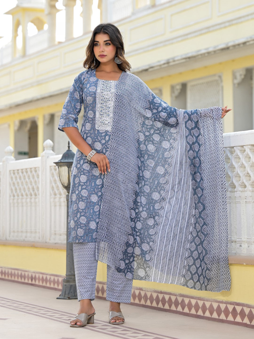 Juniper Women's Grey Ethnic Motif Printed Cotton Kurta, Pant And Dupatta Set With Thread & Zari Work