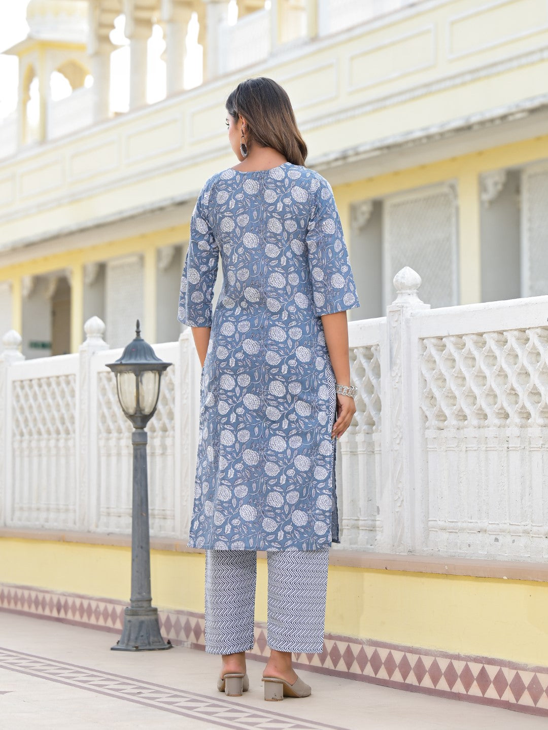 Juniper Women's Grey Ethnic Motif Printed Cotton Kurta, Pant And Dupatta Set With Thread & Zari Work