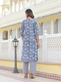 Thumbnail for Juniper Women's Grey Ethnic Motif Printed Cotton Kurta, Pant And Dupatta Set With Thread & Zari Work