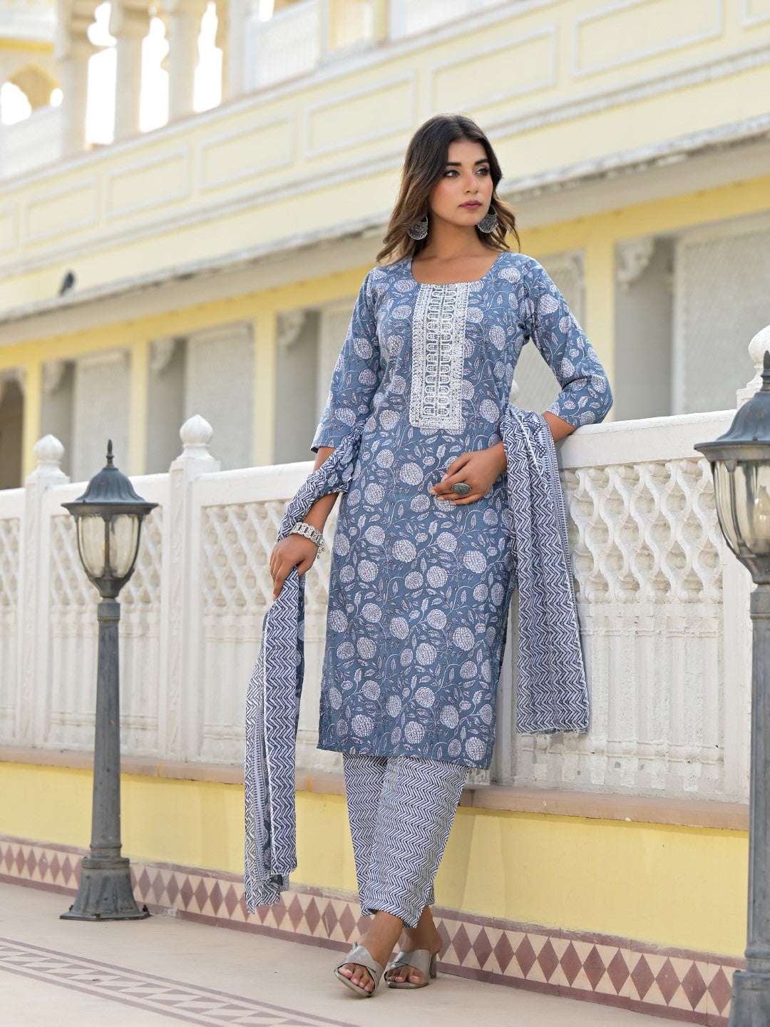 Juniper Women's Grey Ethnic Motif Printed Cotton Kurta, Pant And Dupatta Set With Thread & Zari Work