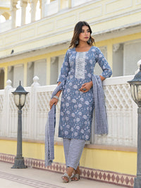 Thumbnail for Juniper Women's Grey Ethnic Motif Printed Cotton Kurta, Pant And Dupatta Set With Thread & Zari Work