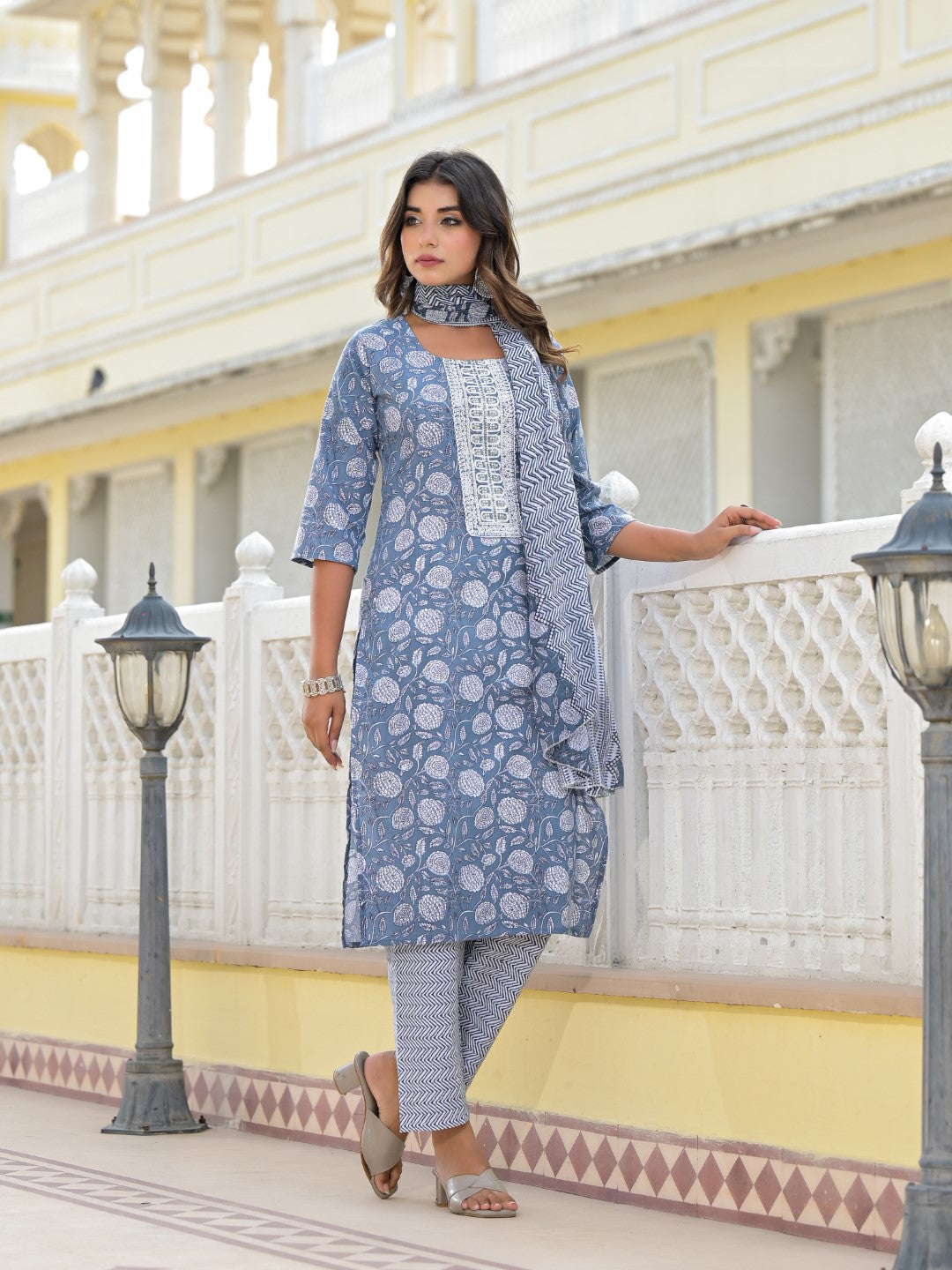 Juniper Women's Grey Ethnic Motif Printed Cotton Kurta, Pant And Dupatta Set With Thread & Zari Work