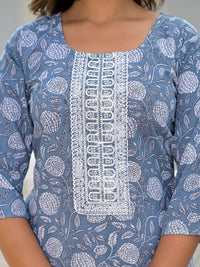 Thumbnail for Juniper Women's Grey Ethnic Motif Printed Cotton Kurta, Pant And Dupatta Set With Thread & Zari Work