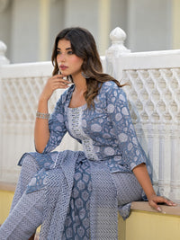 Thumbnail for Juniper Women's Grey Ethnic Motif Printed Cotton Kurta, Pant And Dupatta Set With Thread & Zari Work