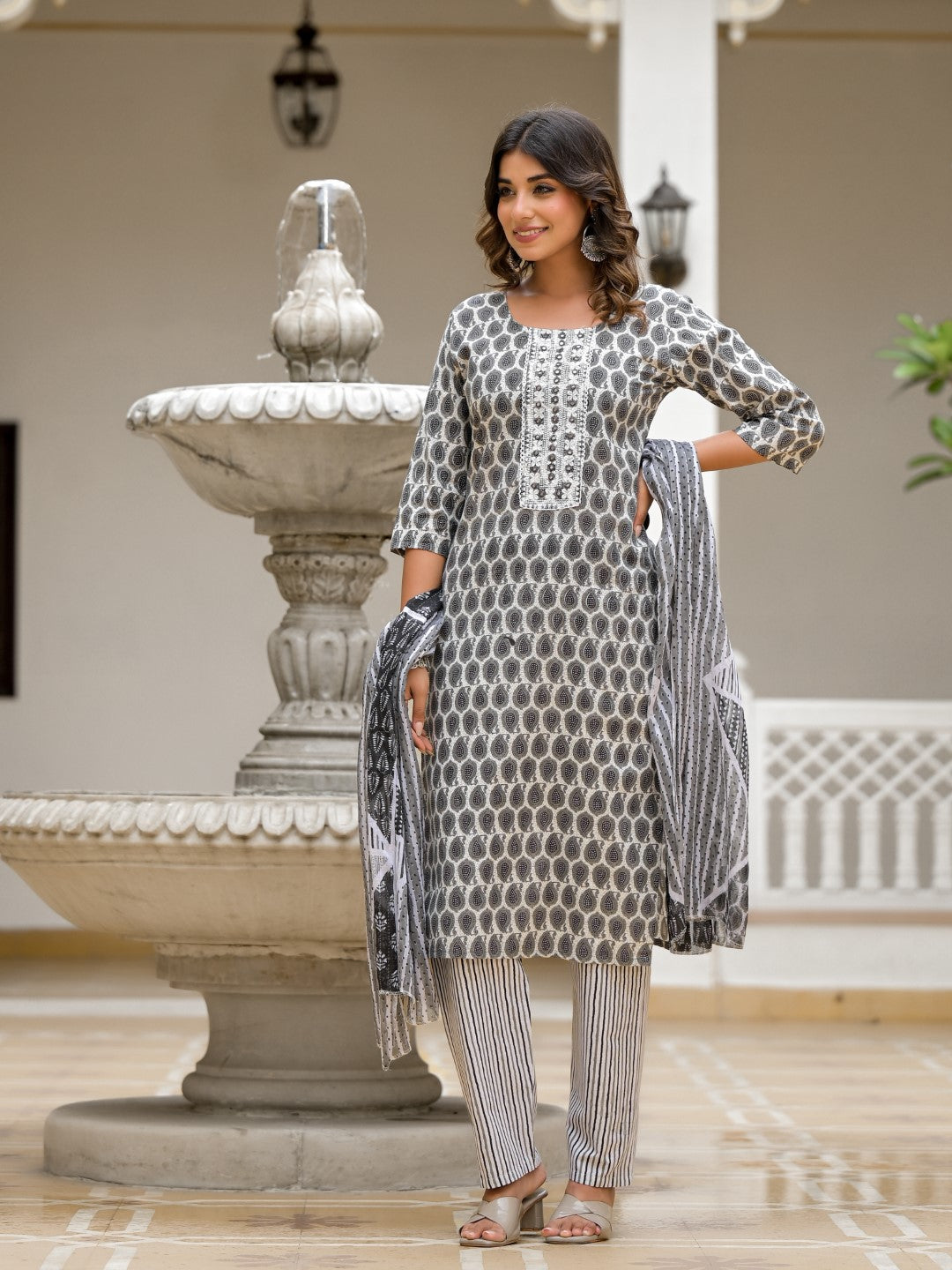Juniper Women's Grey Ethnic Motif Printed Cotton Kurta, Pant And Dupatta Set With Thread & Mirror Work