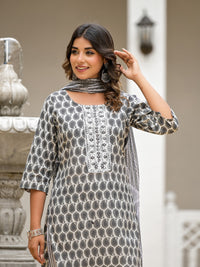Thumbnail for Juniper Women's Grey Ethnic Motif Printed Cotton Kurta, Pant And Dupatta Set With Thread & Mirror Work