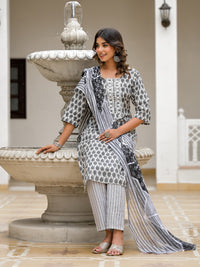 Thumbnail for Juniper Women's Grey Ethnic Motif Printed Cotton Kurta, Pant And Dupatta Set With Thread & Mirror Work