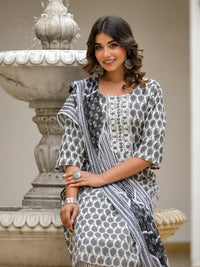 Thumbnail for Juniper Women's Grey Ethnic Motif Printed Cotton Kurta, Pant And Dupatta Set With Thread & Mirror Work