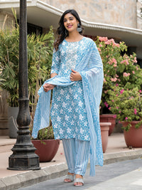 Thumbnail for Juniper Women's Blue Floral Printed Cotton Kurta, Pant And Dupatta Set With Thread & Mirror Work