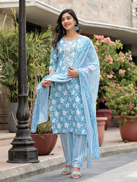 Juniper Women's Blue Floral Printed Cotton Kurta, Pant And Dupatta Set With Thread & Mirror Work
