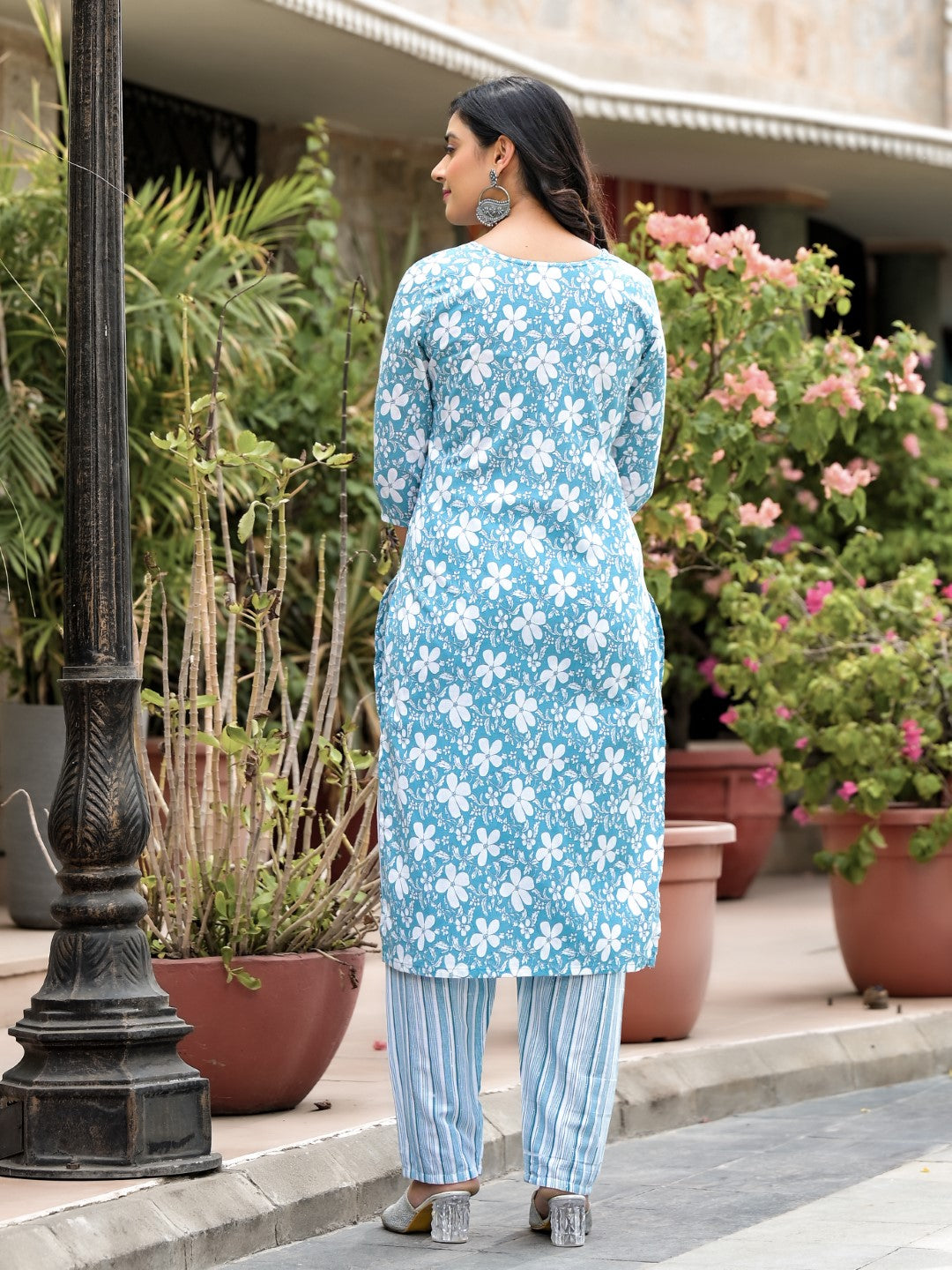 Juniper Women's Blue Floral Printed Cotton Kurta, Pant And Dupatta Set With Thread & Mirror Work