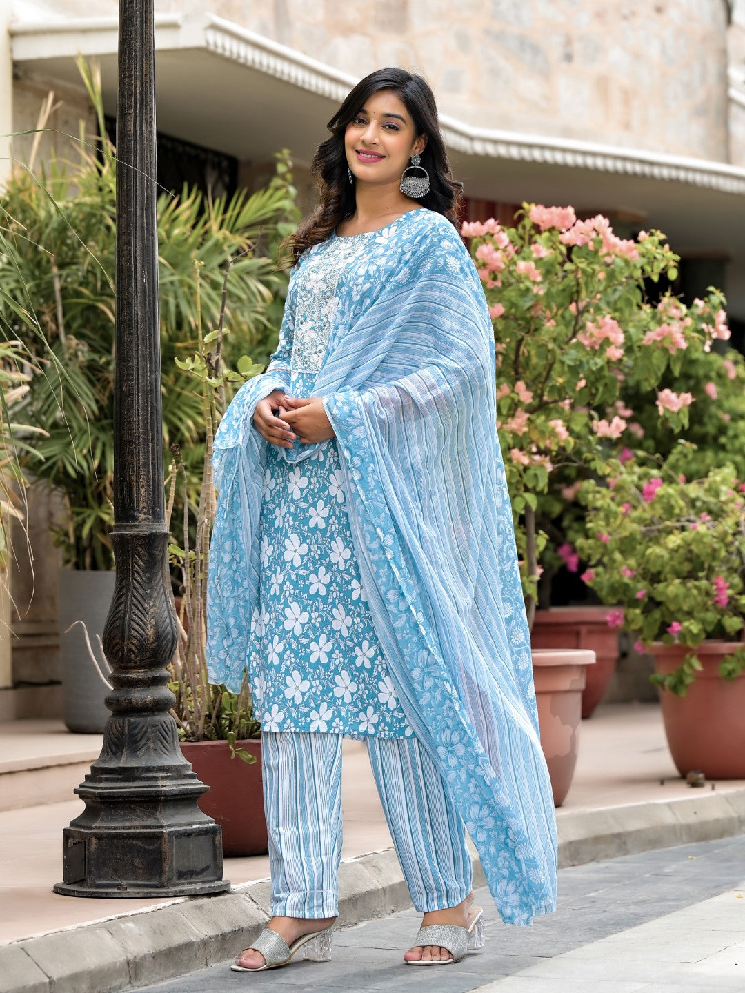 Juniper Women's Blue Floral Printed Cotton Kurta, Pant And Dupatta Set With Thread & Mirror Work