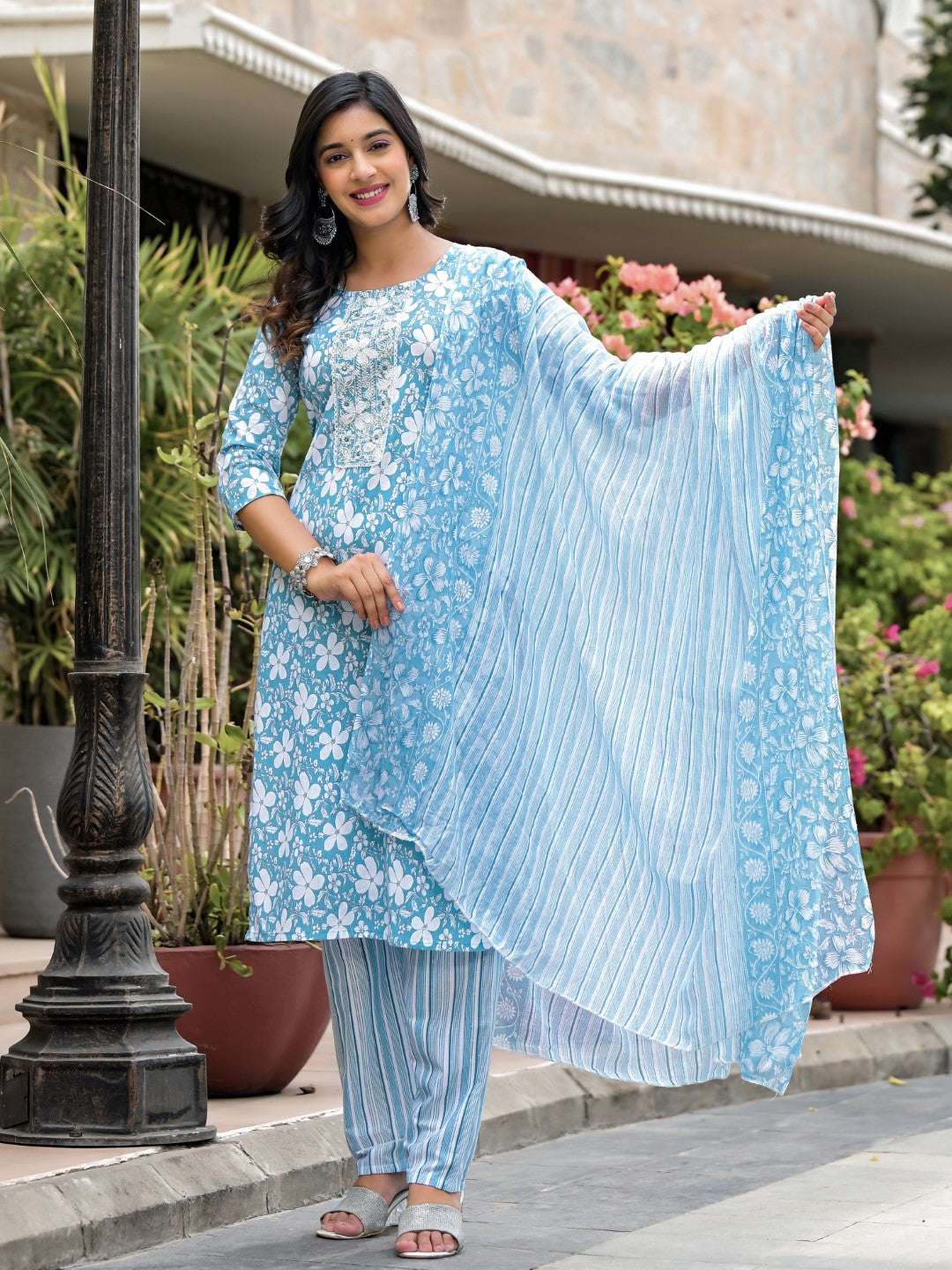 Juniper Women's Blue Floral Printed Cotton Kurta, Pant And Dupatta Set With Thread & Mirror Work