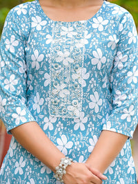 Thumbnail for Juniper Women's Blue Floral Printed Cotton Kurta, Pant And Dupatta Set With Thread & Mirror Work
