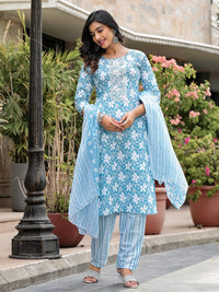 Thumbnail for Juniper Women's Blue Floral Printed Cotton Kurta, Pant And Dupatta Set With Thread & Mirror Work