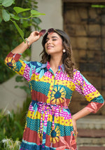 Thumbnail for Juniper Women's Multi Geometric Printed Cambric Dress With Buttons & Doris On Waist - Distacart