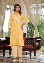 Thumbnail for Juniper Women's Mustard Ethnic Motif Printed Cotton Kurta, Pant And Dupatta Set With Lace & Buttons - Distacart