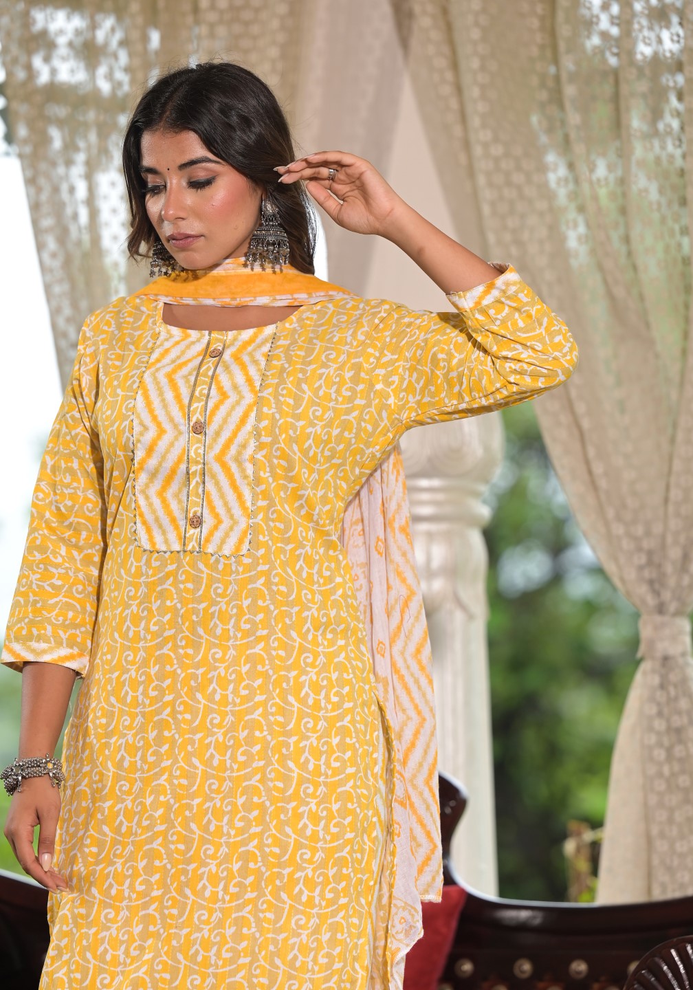 Juniper Women's Mustard Ethnic Motif Printed Cotton Kurta, Pant And Dupatta Set With Lace & Buttons - Distacart