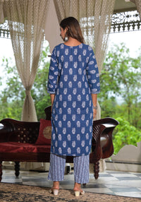 Thumbnail for Juniper Women's Navy Ethnic Motif Printed Cotton Kurta, Pant And Dupatta Set With Lace