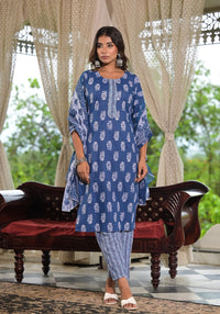 Thumbnail for Juniper Women's Navy Ethnic Motif Printed Cotton Kurta, Pant And Dupatta Set With Lace
