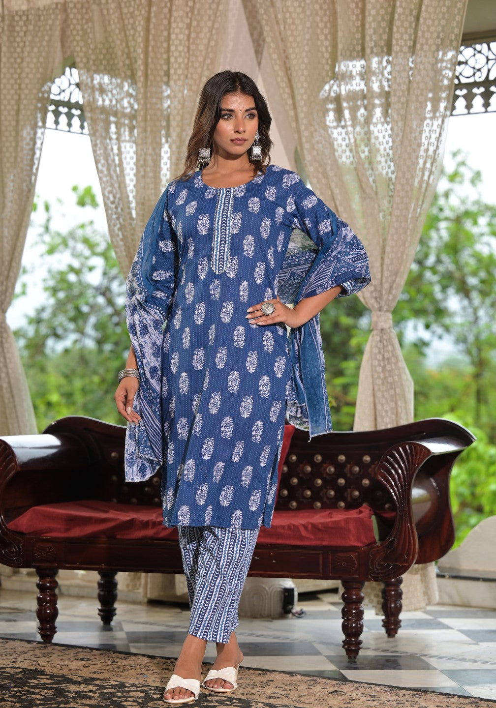 Juniper Women's Navy Ethnic Motif Printed Cotton Kurta, Pant And Dupatta Set With Lace