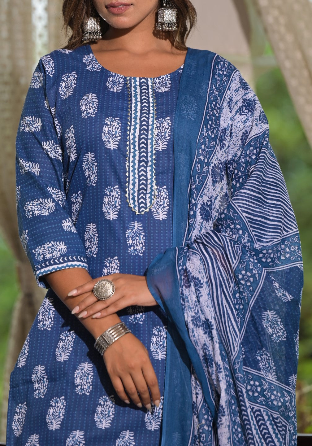 Juniper Women's Navy Ethnic Motif Printed Cotton Kurta, Pant And Dupatta Set With Lace