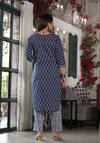 Thumbnail for Juniper Women's Blue Ethnic Motif Printed Cotton Kurta, Pant And Dupatta Set With Lace