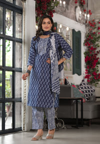 Thumbnail for Juniper Women's Blue Ethnic Motif Printed Cotton Kurta, Pant And Dupatta Set With Lace