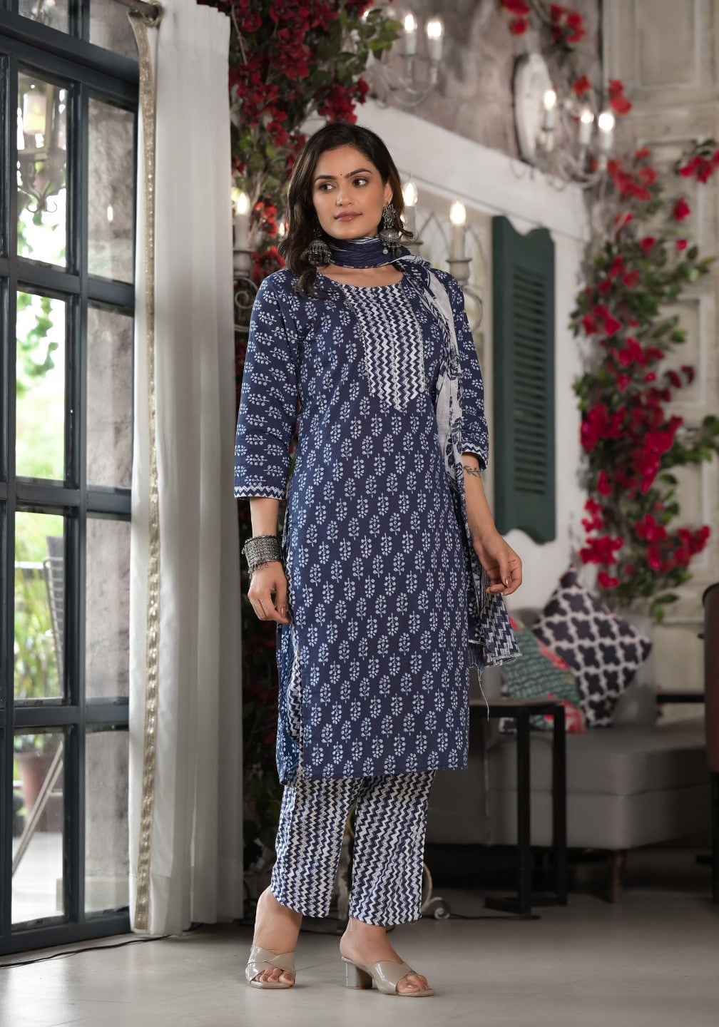 Juniper Women's Blue Ethnic Motif Printed Cotton Kurta, Pant And Dupatta Set With Lace