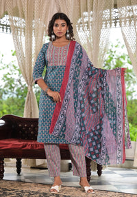 Thumbnail for Juniper Women's Teal Blue Ethnic Motif Printed Cotton Kurta, Pant And Dupatta Set With Zari & Thread Work