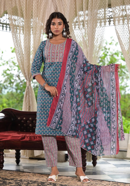 Juniper Women's Teal Blue Ethnic Motif Printed Cotton Kurta, Pant And Dupatta Set With Zari & Thread Work