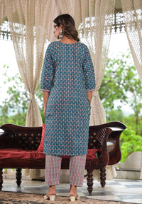 Thumbnail for Juniper Women's Teal Blue Ethnic Motif Printed Cotton Kurta, Pant And Dupatta Set With Zari & Thread Work