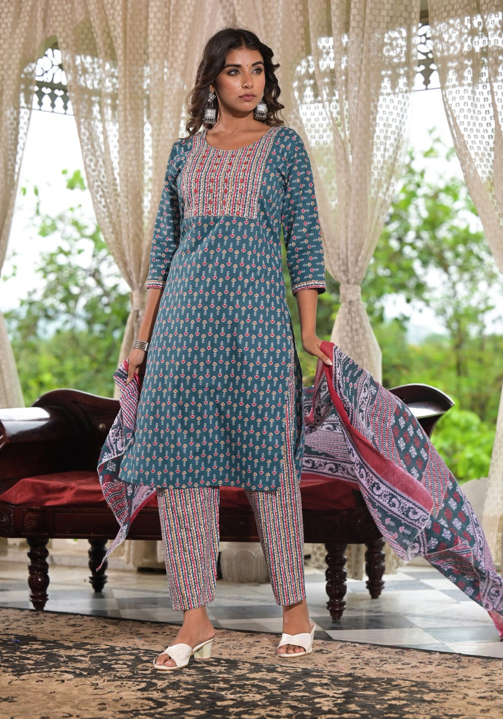 Juniper Women's Teal Blue Ethnic Motif Printed Cotton Kurta, Pant And Dupatta Set With Zari & Thread Work