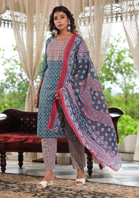 Thumbnail for Juniper Women's Teal Blue Ethnic Motif Printed Cotton Kurta, Pant And Dupatta Set With Zari & Thread Work