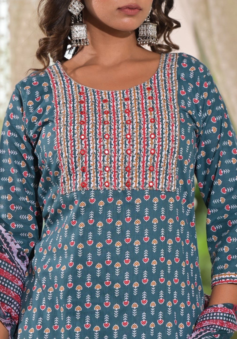 Juniper Women's Teal Blue Ethnic Motif Printed Cotton Kurta, Pant And Dupatta Set With Zari & Thread Work