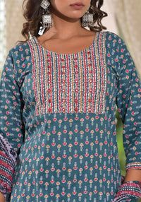 Thumbnail for Juniper Women's Teal Blue Ethnic Motif Printed Cotton Kurta, Pant And Dupatta Set With Zari & Thread Work