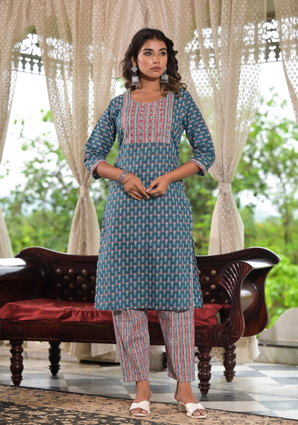 Juniper Women's Teal Blue Ethnic Motif Printed Cotton Kurta, Pant And Dupatta Set With Zari & Thread Work