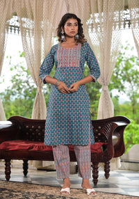 Thumbnail for Juniper Women's Teal Blue Ethnic Motif Printed Cotton Kurta, Pant And Dupatta Set With Zari & Thread Work