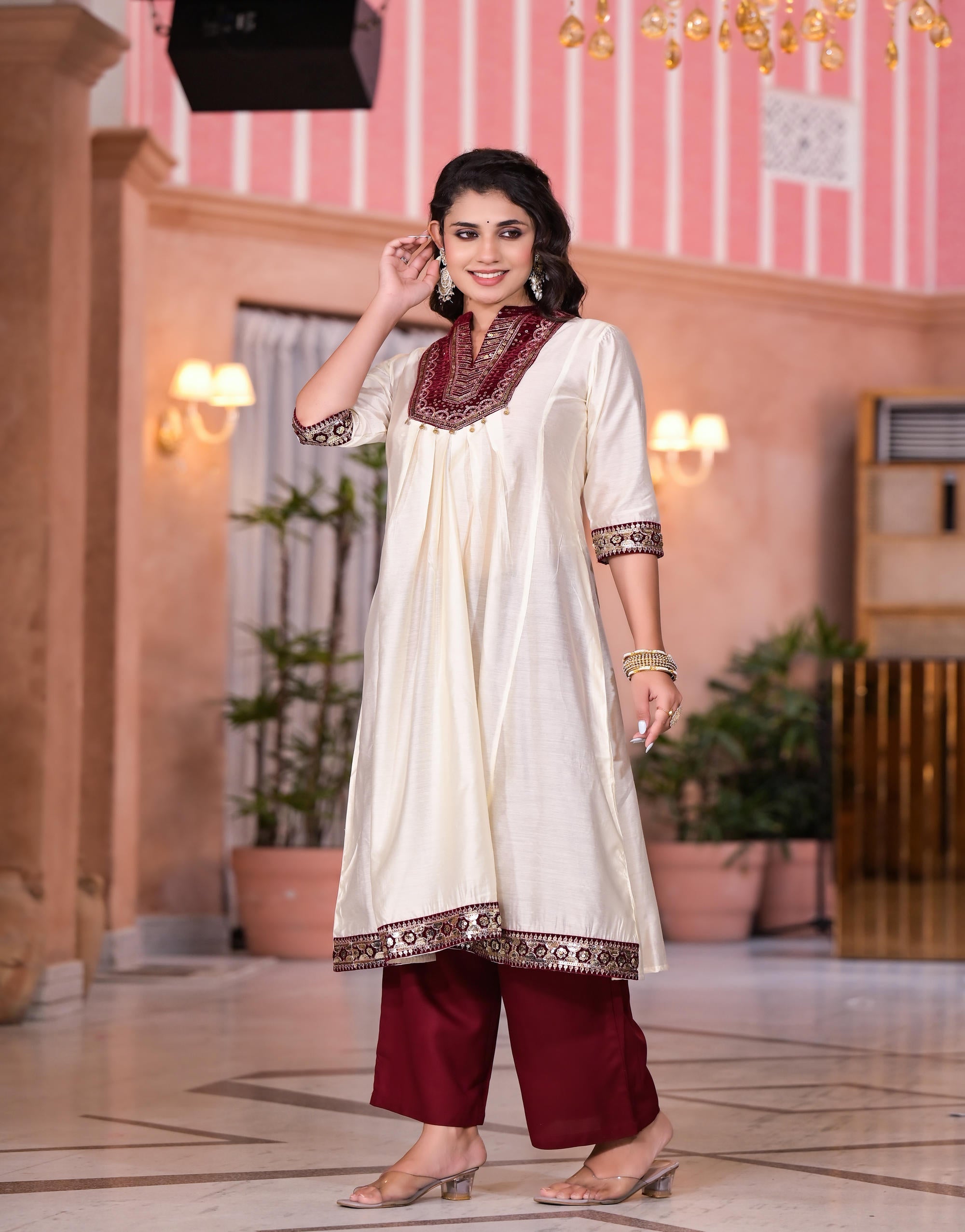 Juniper Women's Ivory Zari Embroidered Chanderi Kurta Set With Sequins & Beads - Distacart
