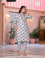 Thumbnail for Juniper Women's Grey Floral Printed Cotton Kurta Set With Lace - Distacart