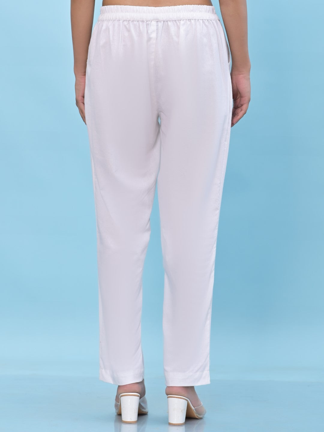 Juniper Women's White Solid Cotton Pants with Partially Elasticated Waistband and Two Side Pockets