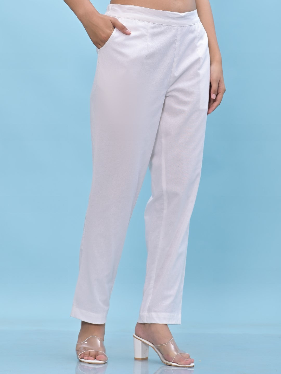 Juniper Women's White Solid Cotton Pants with Partially Elasticated Waistband and Two Side Pockets