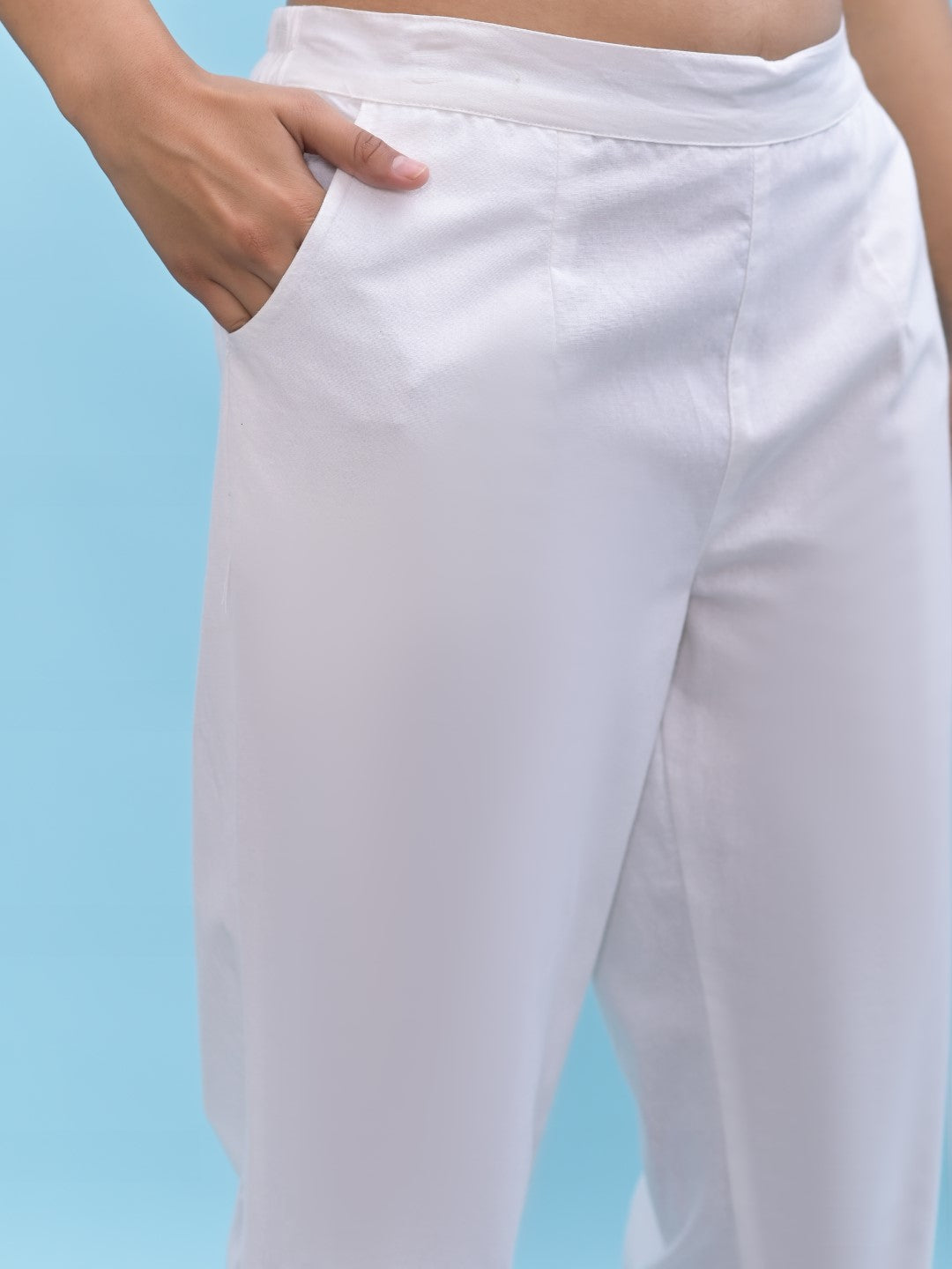 Juniper Women's White Solid Cotton Pants with Partially Elasticated Waistband and Two Side Pockets